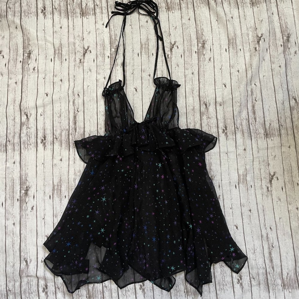Victoria Secret Womens Size Small S Chemise Black Star Print Lingerie Halter
